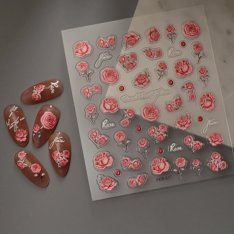 Autocollants À Ongles 5D En Relief Motif Fleur De Rose Rose Imperméable Autocollant Décoration De Manucure Pour Femmes