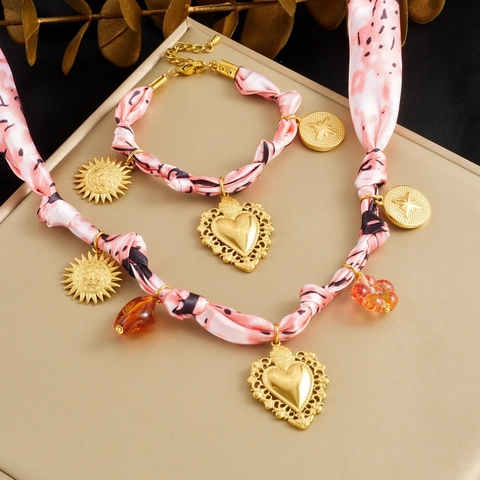 Joyas De Acero Inoxidable Collar Pulsera Con Cinta Pañuelo Rosa Colgantes Corazón Sol Chapado En Oro Vintage Bohemio Mujeres