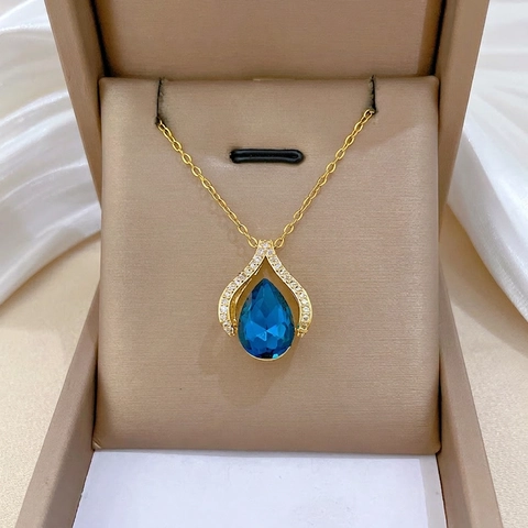 Collana Con Pendente A Goccia D Acqua Blu Catena In Acciaio Al Titanio Placcato Oro Gioielli Eleganti Da Donna Micro Pave CZ