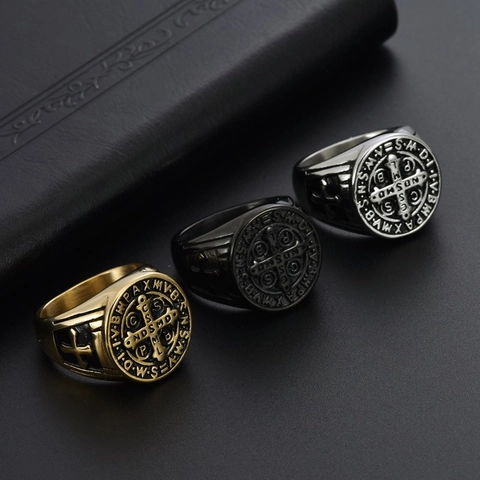 Anello Sigillo Medaglia San Benedetto Vintage Uomo Acciaio Inossidabile Religioso Croce Gotico Punk Gioiello Retro