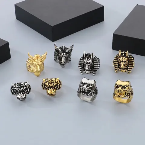 Mens Vintage Punk Gothic Animal Head Rings Stainless Steel Tiger Wolf Sheep Anubis 3D Embossed Biker Zodiac Jewelry
