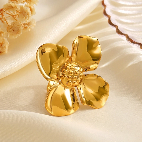 Anello Fiore in Acciaio Inossidabile Oversize Stile Occidentale per Donna Placcato Oro 18K Grande Anello a Fascia Floreale Gioielli