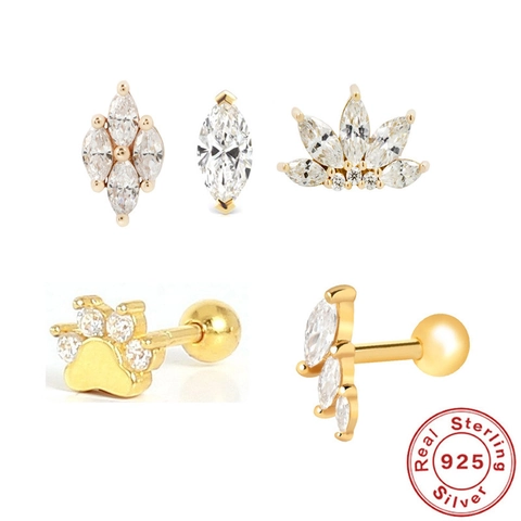 925 Sterling Silver Cartilage Earring Stud Zirconia Paw Print Marquise Crown Piercing Jewelry For Women Single