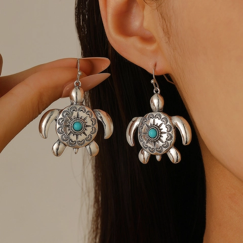 Vintage Alloy Ocean Theme Drop Earrings For Women Antique Silver Sea Turtle Dolphin Starfish Octopus Flower Earrings Jewelry