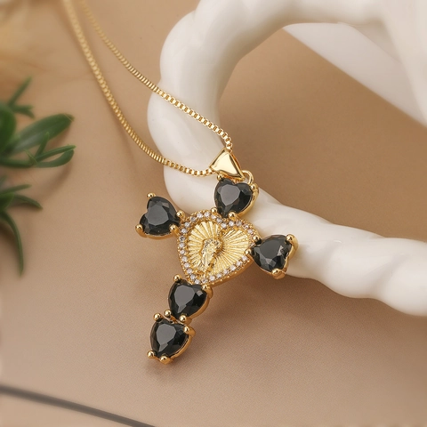 Cross Pendant Necklace Copper 18K Gold Plated Heart Zircon Religious Icon Relief Retro Vintage Dainty Jewelry For Women