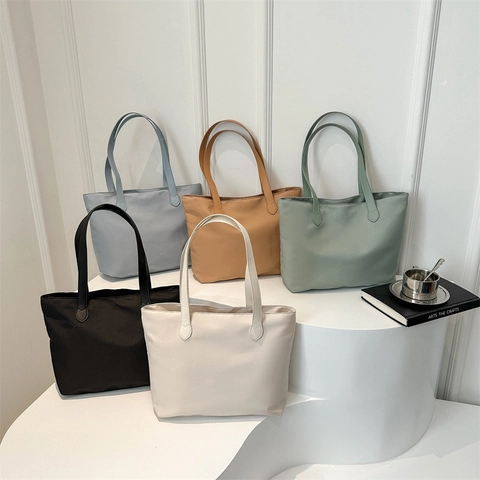 Large Capacity Tote Bag Nylon Waterproof Minimalist Korean Style Shoulder Handbag For Daily Work Commuting Solid Color