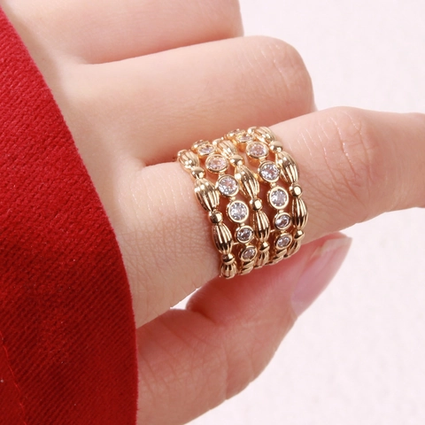 Anello In Rame Placcato Oro Da Donna Design A Spiga Di Grano Traforato Multistrato Zircone Scintillante Gioielli Moda