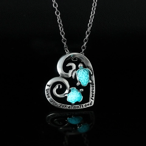 Collar de Colgante de Corazón de Tortuga Marina Luminosa de Acero Inoxidable Plata Brilla Oscuridad Esmalte Joyería Mujer