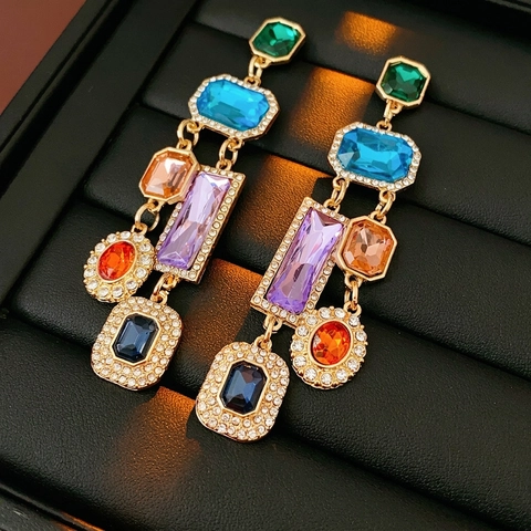 Retro Vintage Colorful Rhinestone Drop Earrings With Silver Earring Post Gold Alloy Geometric Palace Style Women