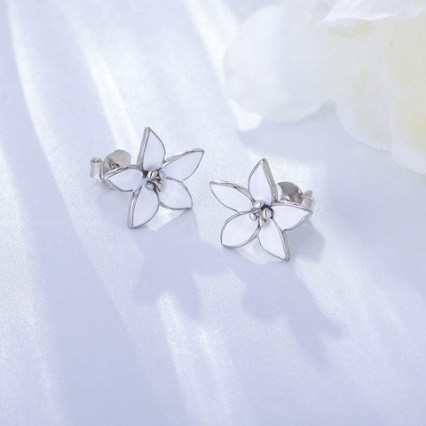 Floral Flower Stud Earrings With 925 Sterling Silver Earring Post Enamel White Minimalist Elegant Jewelry For Women