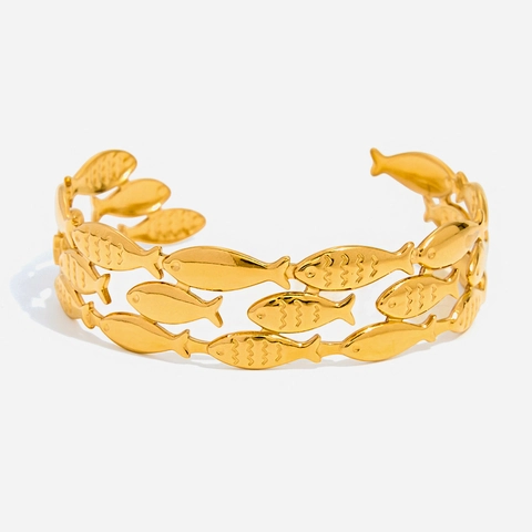 Drei Schichten Fisch Offene Manschette Armreif 18K Vergoldet Edelstahl Hohl Marine Stil Schmuck Für Frauen Hypoallergen