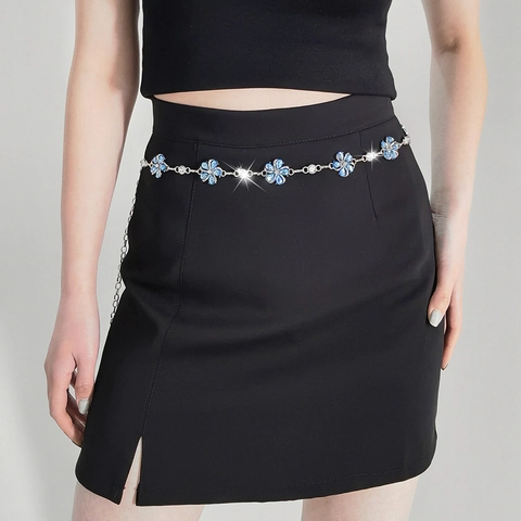 Mode Blauwe Bloem Kristal Strass Tailleketting Legering Metalen Buikketting Voor Dames Jurken Broeken Riem Sieraden Accessoire