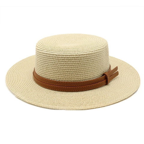 Boater Hat Straw Woven Sun Protection Summer Beach Vacation Retro Style For Men Women With Decorative Leather Band