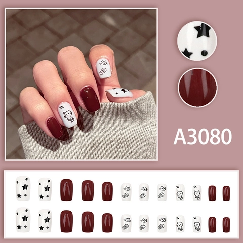 Cute Cartoon Cat Eating Fish Press On Nails Short Square Round Burgundy Red White Artificial False Nails Daily Wear INS Style