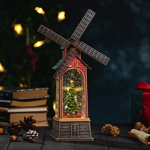 Christmas Windmill Snow Globe Music Box With LED Light Automatic Snowfall Retro Desktop Decorative Ornament Gift
