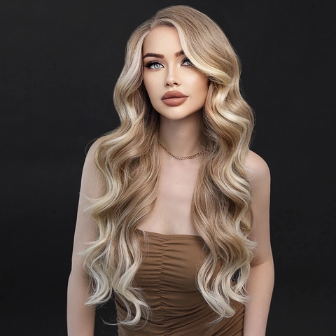 Women Long Wavy Synthetic T-Part Lace Front Wig Heat Resistant Natural Look Ombre Gradient Fashion Daily Hairpiece