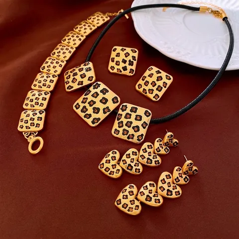 Collana Orecchini Quadrati Leopardati Vintage Lega Strass Smalto Geometrico Estetico Con Perno In Argento
