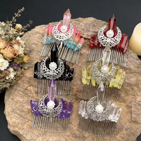Pettine Per Capelli In Cristallo Naturale Luna Crescente Fatto A Mano Bohemien Retro Mistico Accessori Donna Perla Artificial Strass