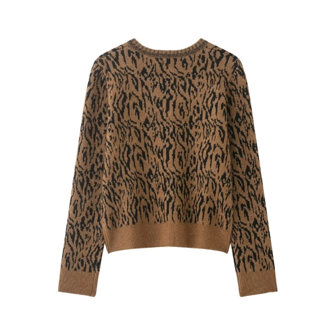 Women Leopard Print Knit Cardigan Round Neck Long Sleeve Button Down Sweater Top With Decorative Flowers