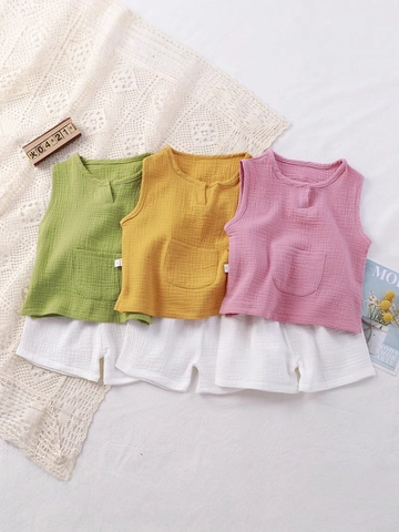 Toddler Kids Summer Cotton Gauze Pajamas Sleeveless Vest Shorts Loungewear Boys Girls Solid Color Breathable Sleepwear Matching Outfit