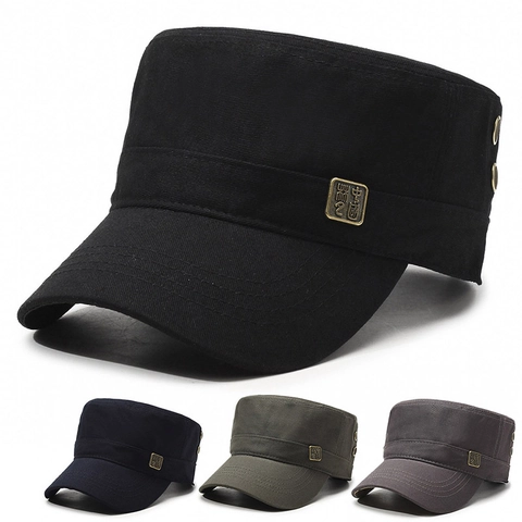 Men Cadet Hat Cotton Twill Flat Top Army Cap Adjustable Buckle Outdoor Sun Protection Casual Military Style