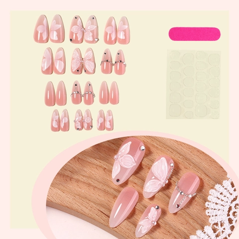 Unghie Finte Rosa Sfumato Con Farfalla 3D Strass Perla Artificial Forma Mandorla Stile Francese Unghie Artificiali