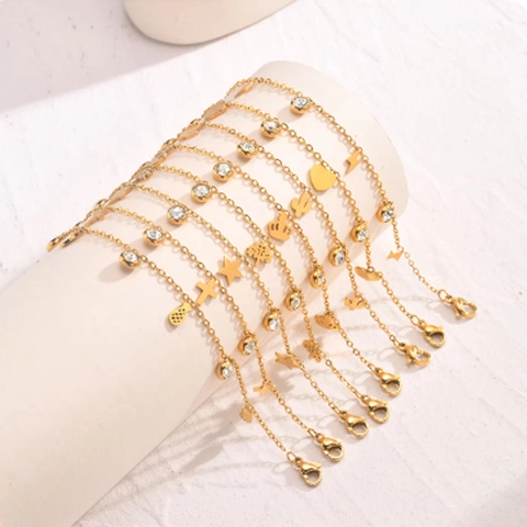 Bracciale Con Ciondoli In Acciaio Inossidabile Con Pendenti In Zircone Farfalla Cuore Corona Croce Stella Gioielli Dorati