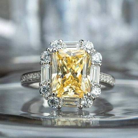 Luxury Rectangle Yellow Cubic Zirconia Copper Ring Radiant Cut Halo Engagement Jewelry For Women Party Elegant