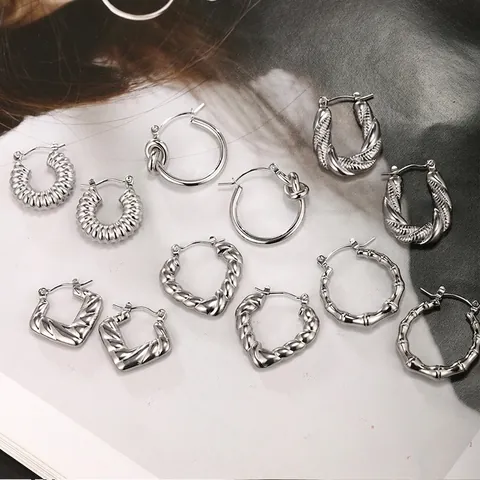 Pendientes De Aro Para Mujer Acero Inoxidable Geométrico Trenzado Corazón Bambú Diseño Vintage Minimalista Grueso
