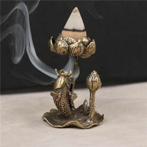 Bruciatore Incenso Riflusso Loto Ottone Vintage Carpa Koi Che Salta Su Foglia Loto Porta Incenso Zen Decor