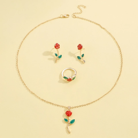 Romantische Rose Blume Schmuckset Gold Überzogen Legierung Rote Emaille Anhänger Halskette Ohrringe Ring Für Damen Valentinstag Geschenk