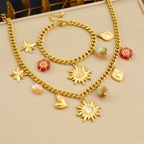 Set Di Gioielli Collana E Bracciale In Acciaio Inossidabile Placcato Oro Ciondoli Sole Stella Fiore Cuore Stile Boho Donne