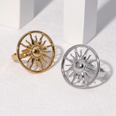 Anillo De Sol Calado Acero Inoxidable Chapado En Oro De 18K Ajustable Banda Abierta Joyería Para Mujer Estilo Minimalista
