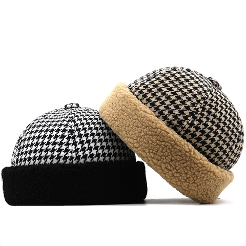 Retro Houndstooth Senza Tesa Landlord Cappello Inverno Caldo Misto Cotone Con Bordo In Pile Docker Cap Per Uomini E Donne