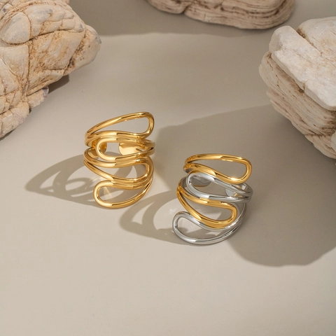 Irregulärer Geometrischer Wellenring Edelstahl Vergoldet Minimalistisch Verstellbar Zweifarbig Schmuck Für Damen