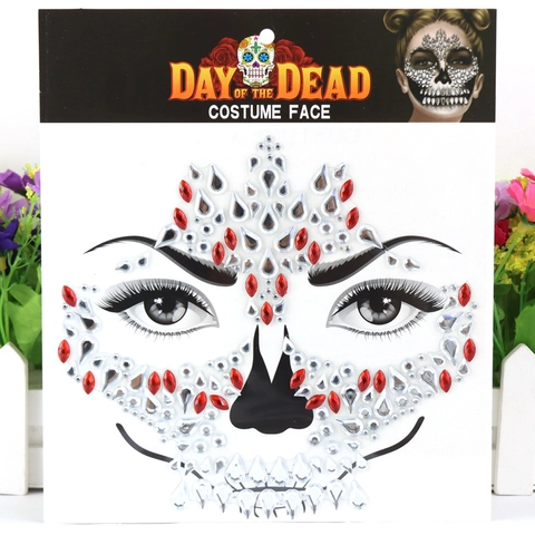 Tag Der Toten Gesicht Rhinestone Aufkleber Halloween Schädel Temporäres Tattoo Selbstklebend Acryl Edelstein Körperkunst
