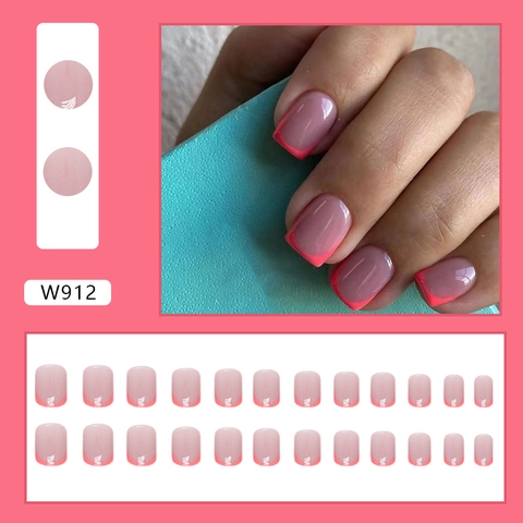 Unghie Finte French Tip Corte Quadrate Rosa Acceso Estate Per Donne Manicure Neon Brillante