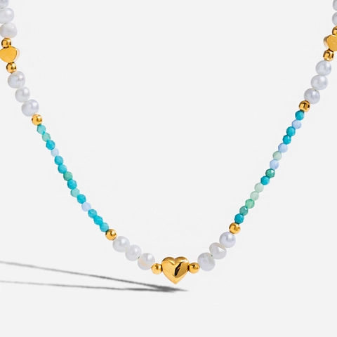 Collar Con Colgante De Corazón De Acero Inoxidable Con Perlas De Agua Dolce Y Cuentas De Turquesa Joyería Romántica Para Mujer