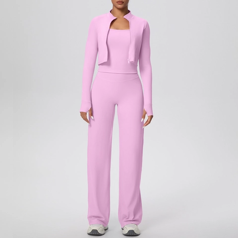 Abbigliamento Da Yoga Donna Pantaloni A Gamba Larga A Vita Alta Canotta E Giacca Con Zip Activewear Slimming A Coste