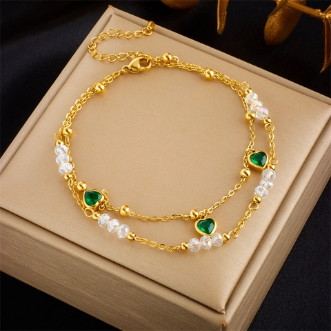 Vintage Gold Stainless Steel Double Layer Anklet With Green Heart Pendants And Beads Fashion Foot Jewelry For Women Daily