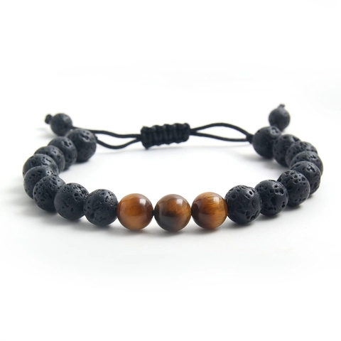 Natural Tiger Eye And Lava Stone Beaded Bracelet With Adjustable Braided Rope For Men Women Fashion Jewelry