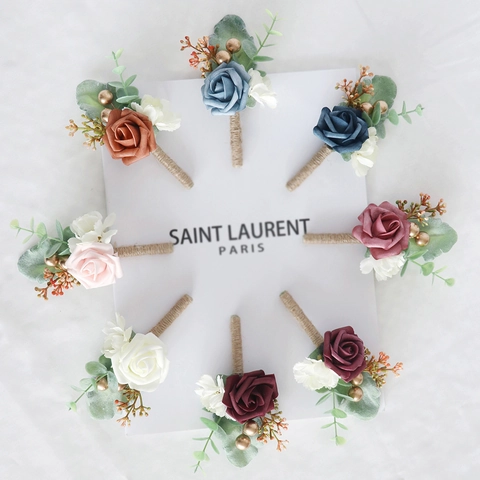 Artificial Rose Boutonniere Wrist Corsage PE Foam Eucalyptus Leaf Hemp Rope Wedding Party Groom Bride Morandi Vintage