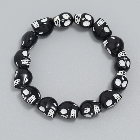 Retro Resin Skull Beaded Bracelet Elastic Ghost Head Hand Jewelry For Halloween Party Unisex