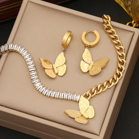 Gioielli Farfalla Collana Orecchini Bracciale In Acciaio Inossidabile Dorato Zirconia Cubica Quadrata Catena Tennis Cubana Per Donna Elegante