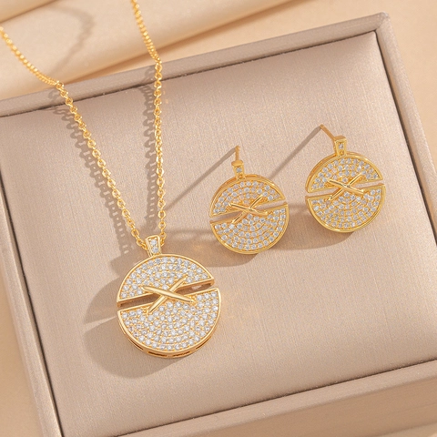 Round Cross Jewelry Set Copper 18K Gold Plated Cubic Zirconia Necklace And Earrings For Women Elegant Fashion