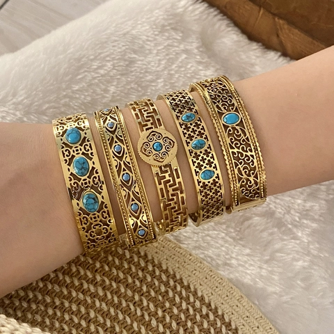 Bracciale Rigido In Acciaio Inossidabile Svuotato Vintage Da Donna Con Gioielli Boho Turchese Con Motivo Geometrico
