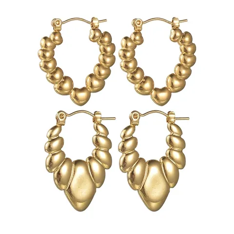 Vintage Stainless Steel Hoop Earrings Textured Chunky Geometric Heart Beaded Simple Gold Plated Jewelry For Women