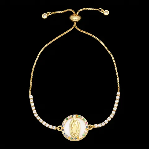 Pulsera De Amuletos Religiosos Cobre Chapado En Oro Con Circón Virgen María Cruz Árbol De La Vida Ajustable Bolo Para Mujer