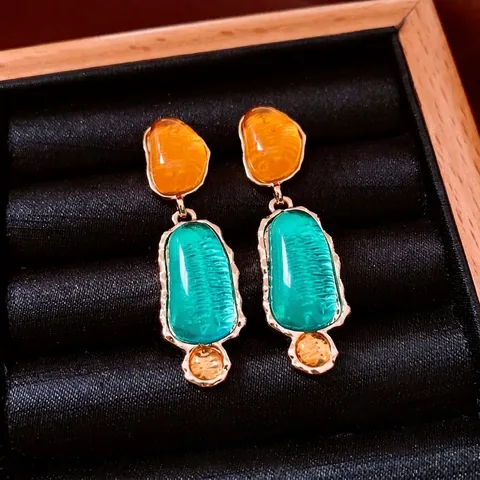 Vintage Resin Oval Dangle Earrings With 925 Sterling Silver Earring Post Geometric Contrast Color Alloy Jewelry For Women