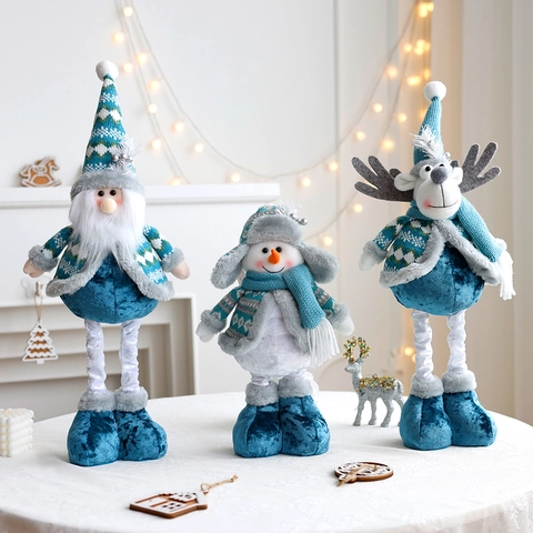 Christmas Telescopic Doll Santa Gnome Snowman Reindeer Blue White Knitted Fabric Holiday Tabletop Ornament